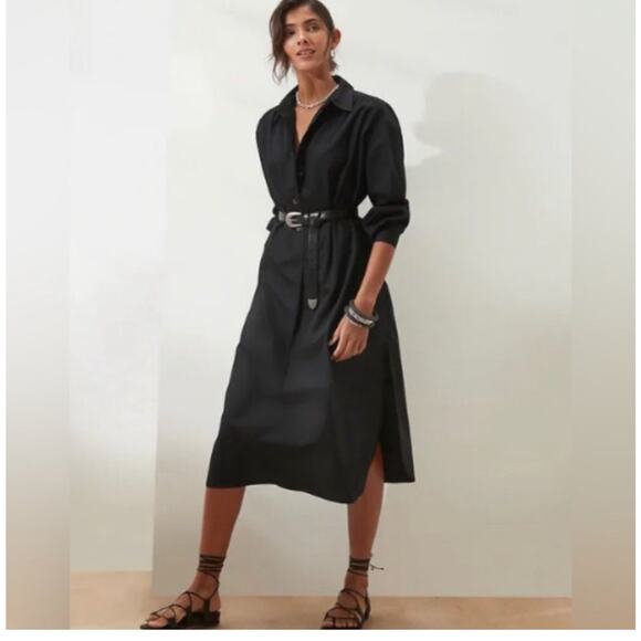 🍒 Cotton Oversized Boxy Midi Shirt Dress Black Button Front Classic Poplin XS - Picture 1 of 10